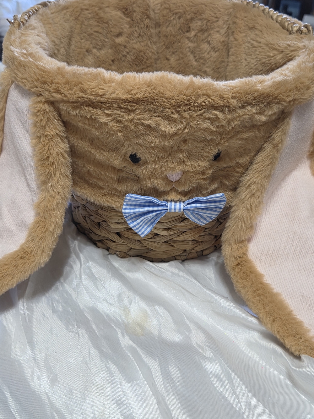Plush Bunny Basket with Blue Bow - Soft Tan Kids Storage
